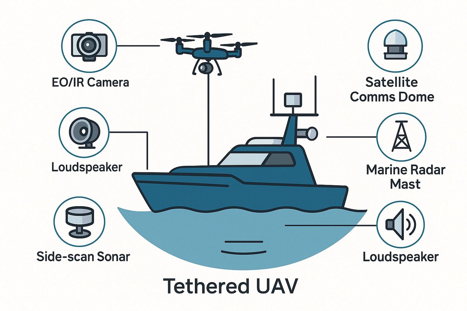 Diagram of a boat with a tethered UAV and its key components.