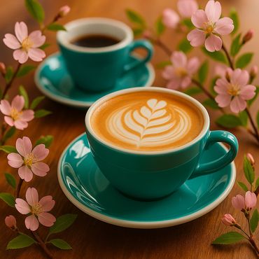 Two turquoise cups with coffee and latte art surrounded by pink flowers.
