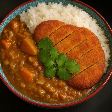 A bowl of Japanese curry with rice and a breaded cutlet garnished with cilantro.
