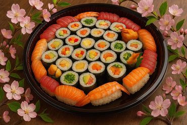 A vibrant sushi platter surrounded by pink cherry blossoms.
