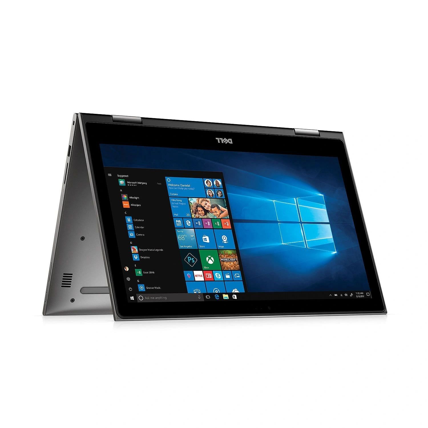 Dell convertible laptop in tent mode displaying Windows 10.
