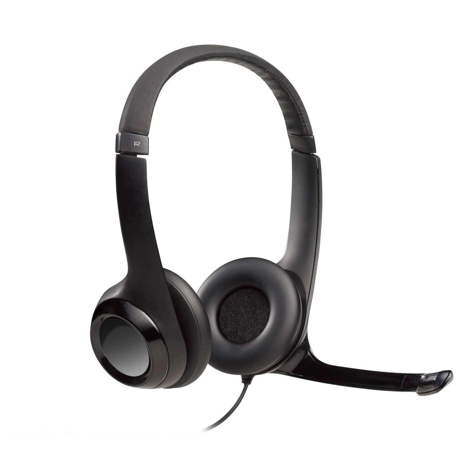 Black wired headset with microphone.