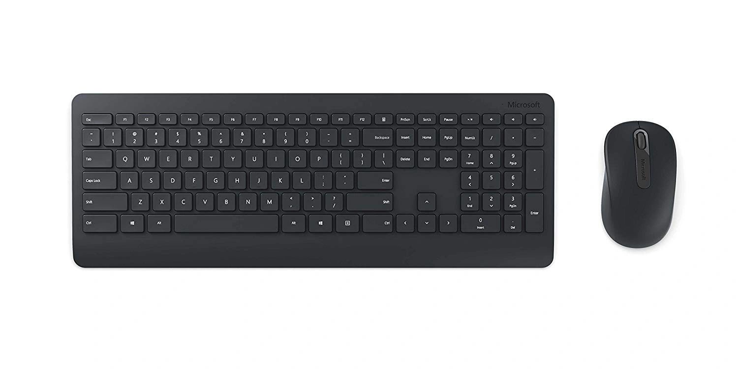 Black wireless keyboard and mouse set by Microsoft.