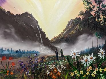 Landscape with mountains and flowers.