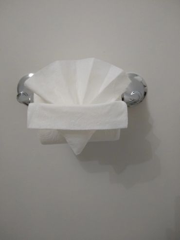 A neatly folded white toilet paper on a chrome holder against a plain wall.