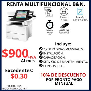 Renta copiadora blanco y negro con páginas incluidas.