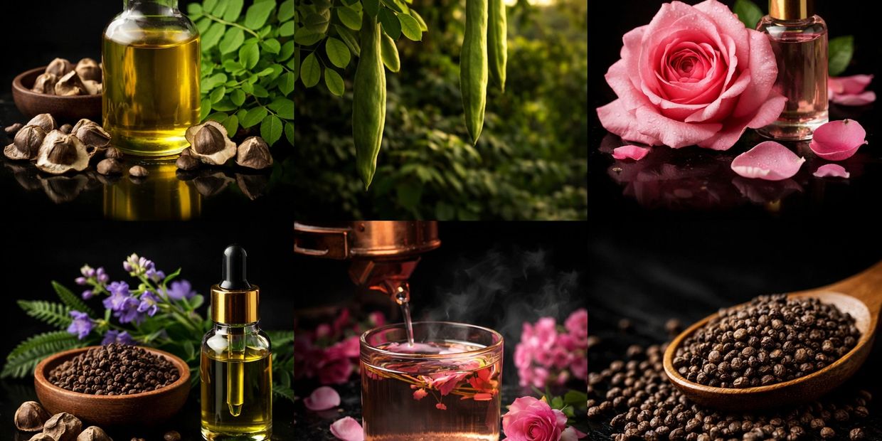 Various natural ingredients and essential oils with a steaming cup of floral tea.