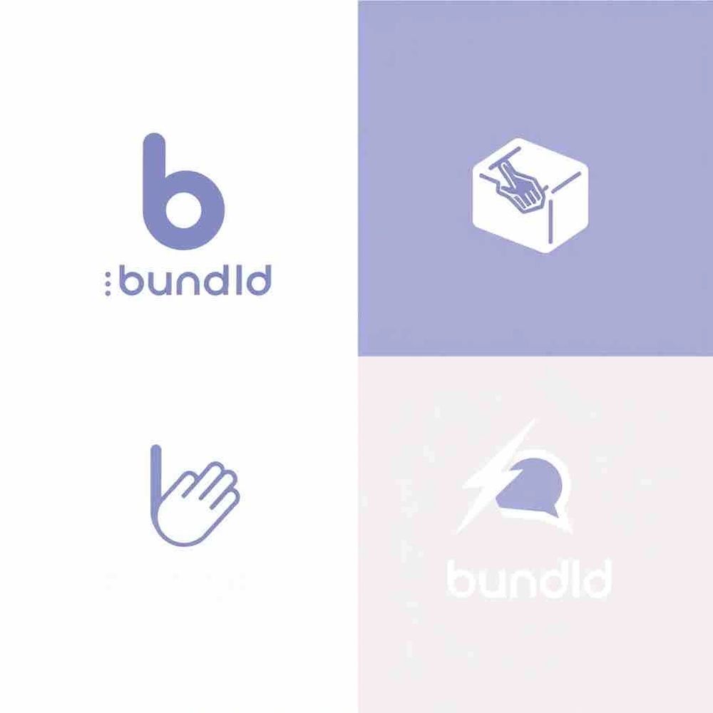 Four minimalist logos featuring the word 'bundld' and hand or lightning motifs.