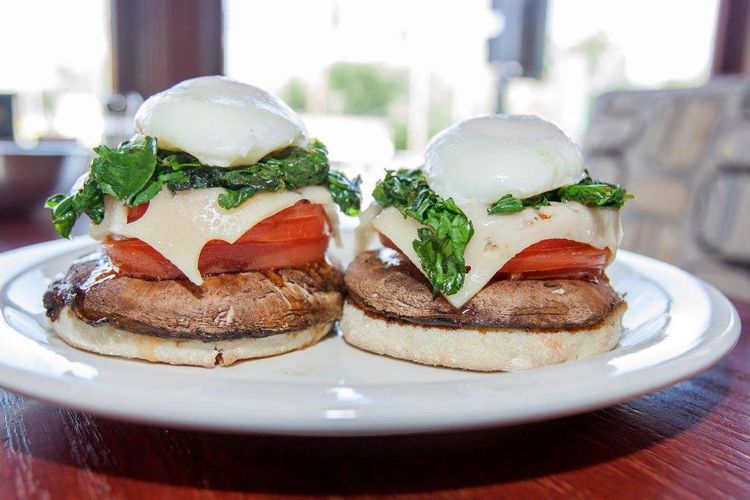 Egg, Spinach, Tomato, Swiss Cheese and Portobello  Mushroom Benedict