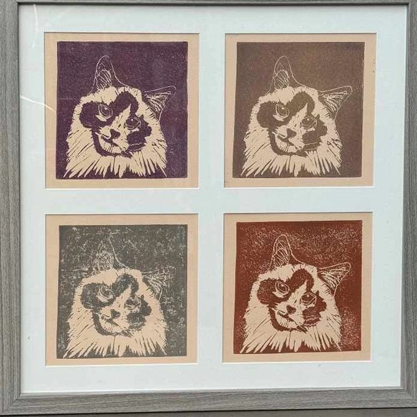Four framed prints of a cat's face in different colors.