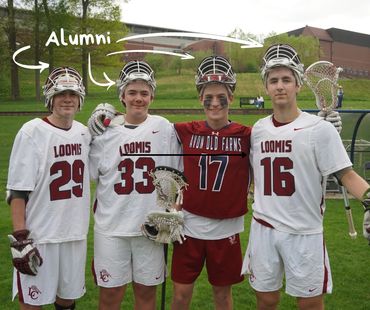 Four lacrosse players posing together, three in white "Loomis" jerseys and one in a red jersey.