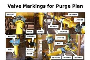 Details of photo documentation and labeling of valves in a purge plan report for an industrial site.