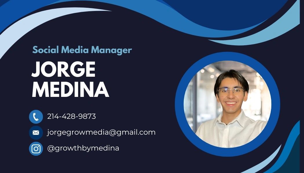 Professional social media manager business card with contact details and photo.