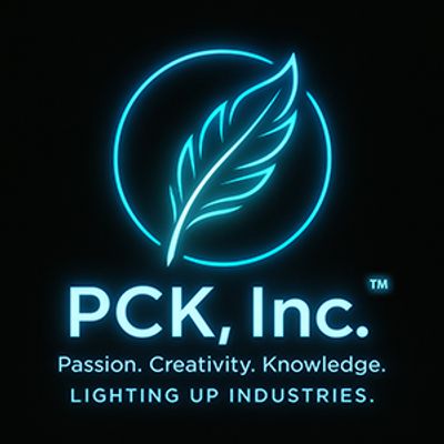 Neon logo of PCK, Inc. with a feather inside a circle and tagline below.