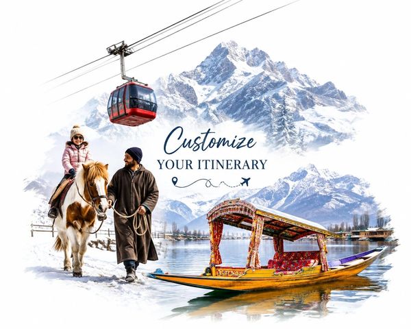 Winter tourism with horse riding, cable car, and boat in snowy mountains.