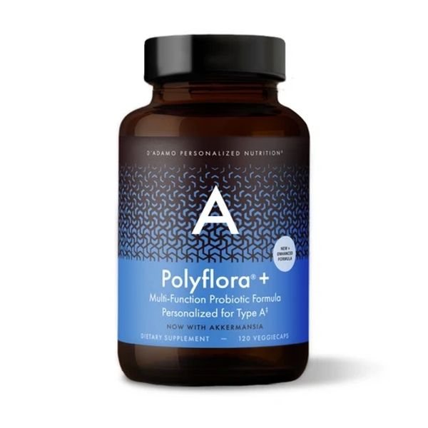 Bottle of Polyflora+ probiotic supplement for Type A.