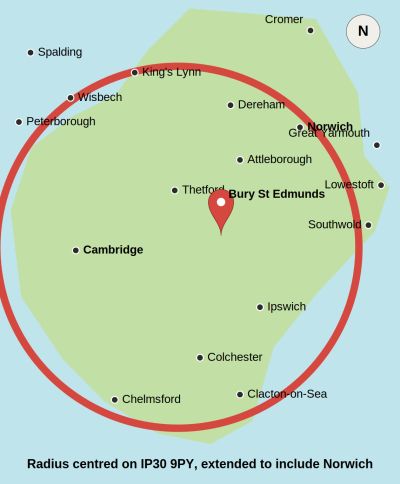 Map highlighting radius around Bury St Edmunds including Norwich.
