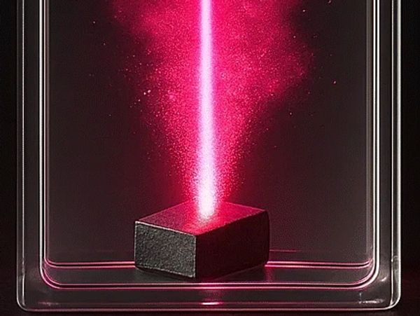Red laser beam focused on a black object inside a transparent container.