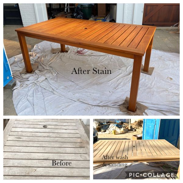 Teakwood table before and after pressure washing (soft washing) sanding and staining 