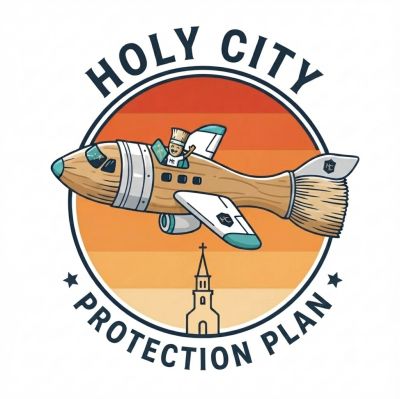 Cartoon fish-shaped airplane with a chef pilot and church below.