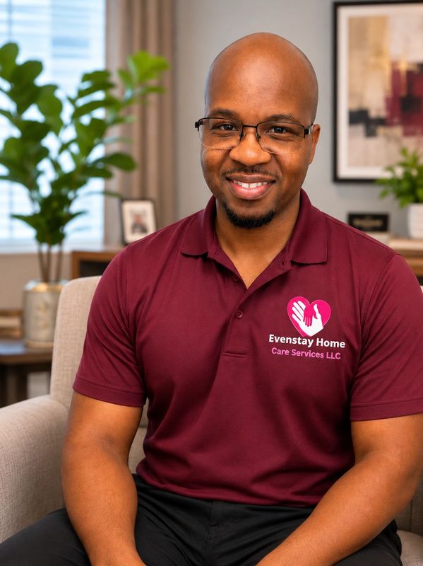 Smiling man in a maroon Evenstay Home Care Services polo shirt.