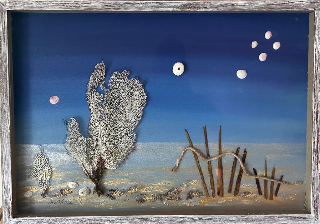 Framed beach-themed artwork with sea fans, shells, and sticks against a blue gradient background.