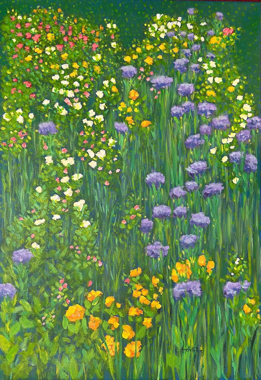 A vibrant garden painting with purple, yellow, white, and pink flowers amidst green grass.