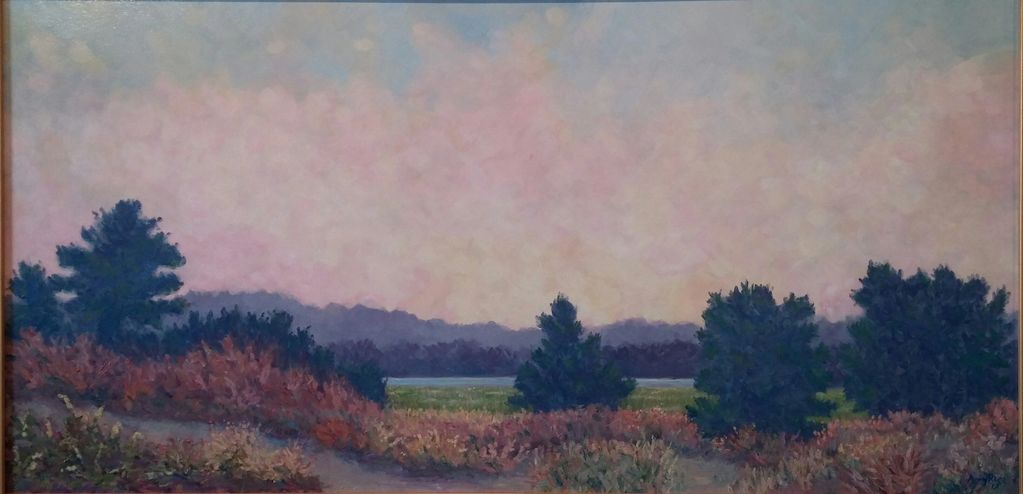 Serene landscape painting with trees, shrubs, and a pastel sky at dusk.