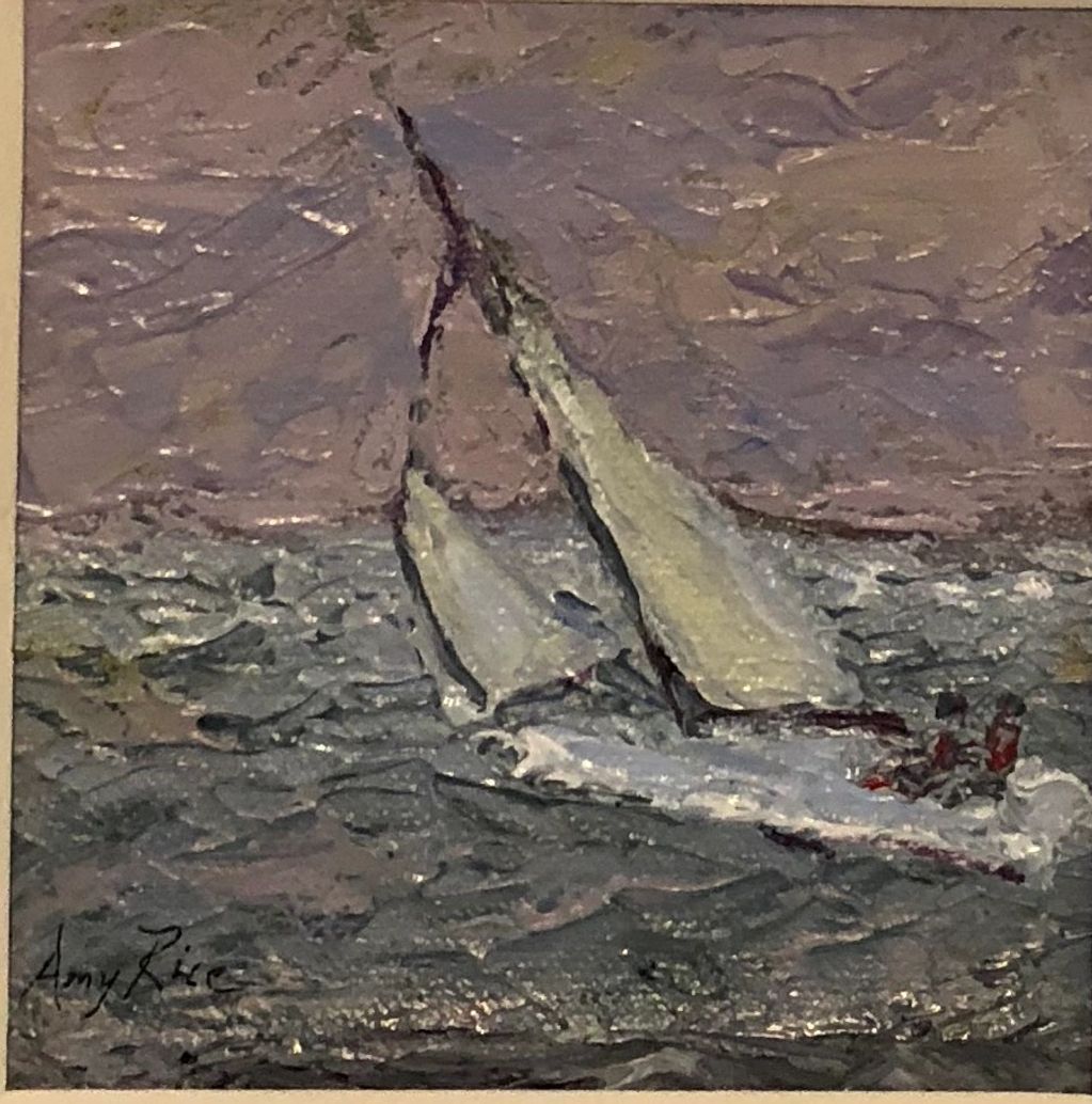 Impressionist painting of a sailboat on textured water under a cloudy sky.