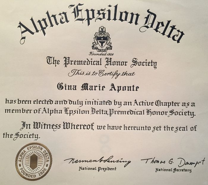 Gina Aponte' is inducted into Alpha Epsilon Delta Pre-Med Honor Society at Florida State University