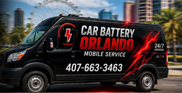 Black van advertising 24/7 mobile car battery service in Orlando with a phone number.