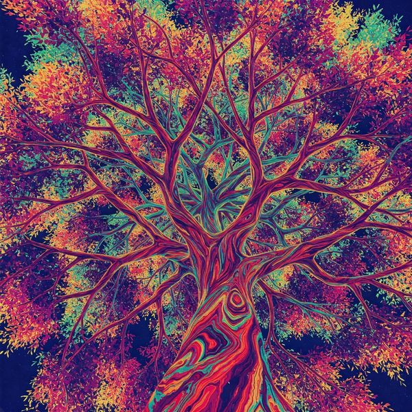 A colorful tree with a dark background