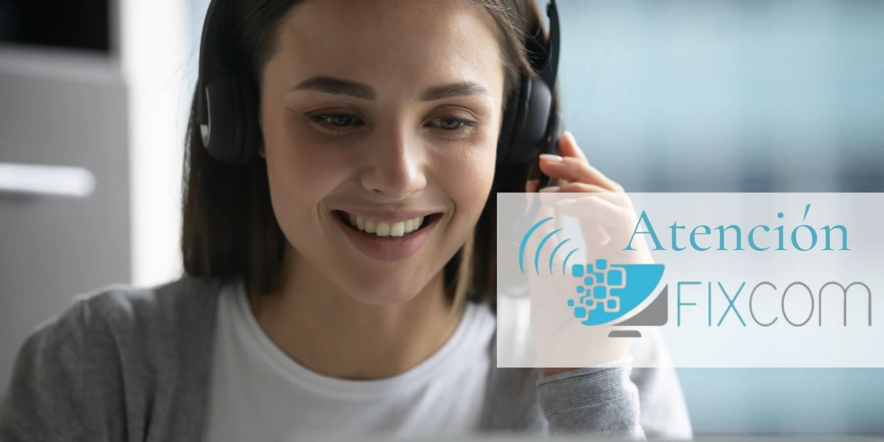 Smiling woman wearing headphones providing customer support for Fixcom.