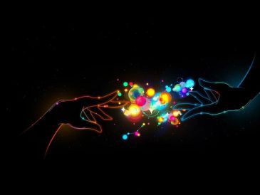 Two glowing hands reaching out with colorful orbs between them.