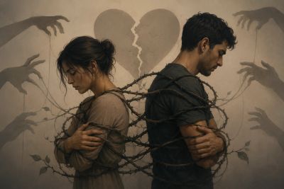 Pareja separada y atada con alambre de púas, con un corazón roto de fondo.