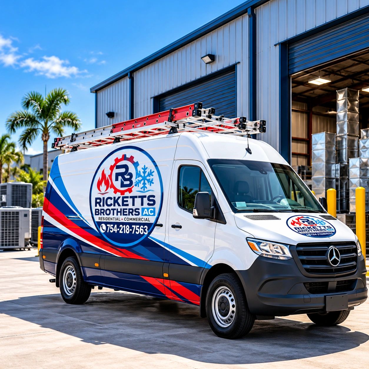 Ricketts Brothers AC LLC branded HVAC service van with rooftop ladders parked outside an air conditioning equipment warehouse.