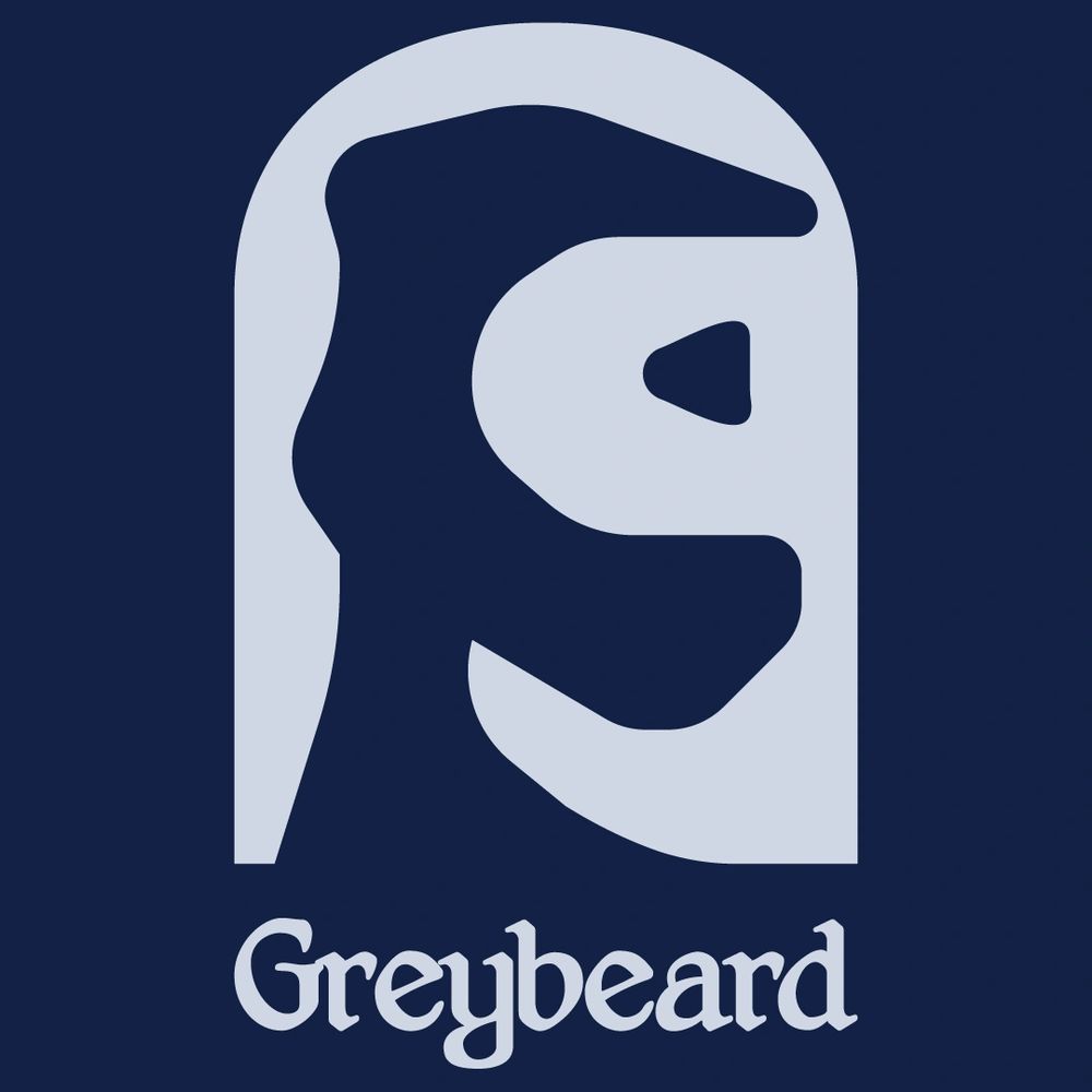 Minimalist logo of a bearded face with the text 'Greybeard'.