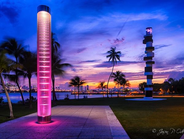 South Pointe Park lit at night during We love Miami Parks visit.