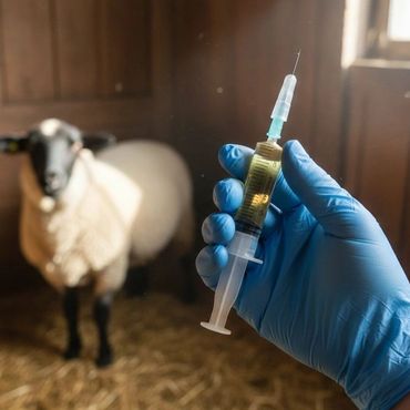 Gloved hand holding syringe near a sheep in a barn.