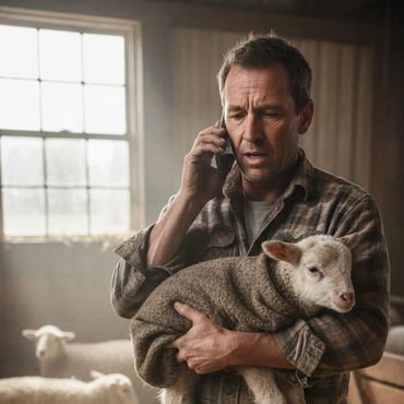A farmer holding a lamb wrapped in a blanket while talking on the phone.