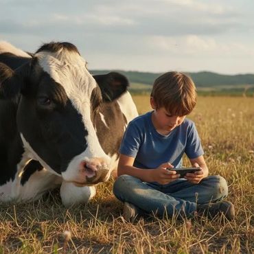 A boy playing on a phone next to a resting cow in a field.