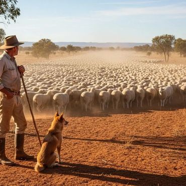 Shepherd and dog overseeing a large flock of sheep in a dusty rural setting.