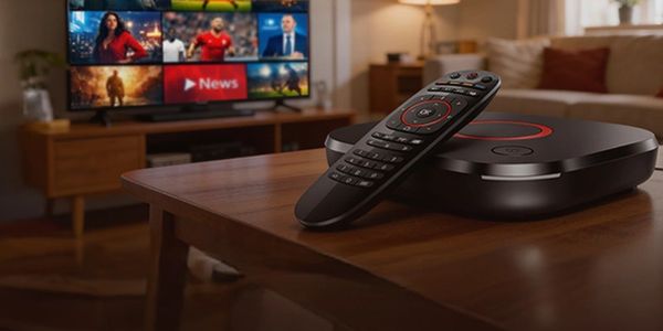 A TV remote and streaming device on a wooden table with a TV showing various programs in the background.