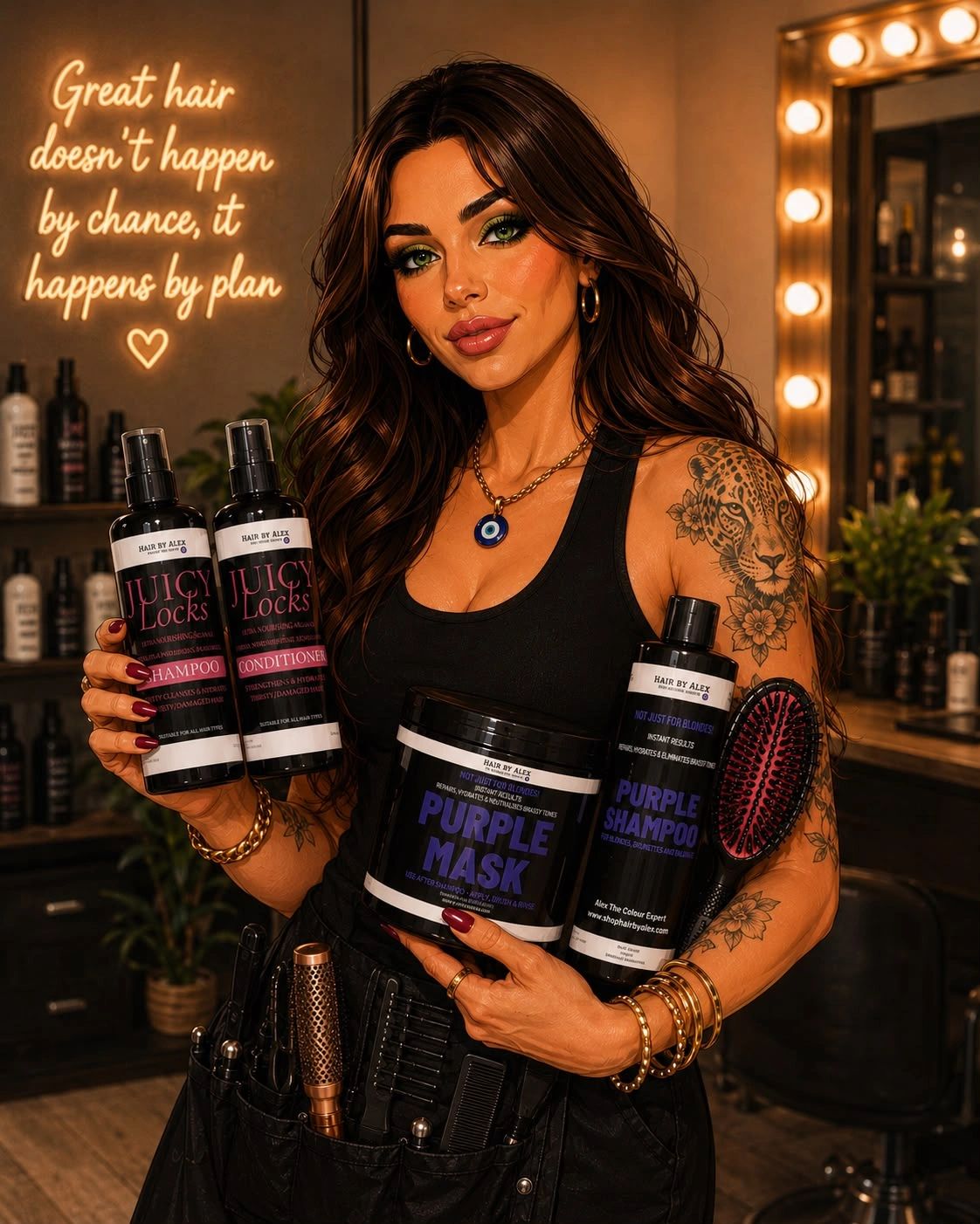 Woman promoting hair care products with a motivational hair quote.