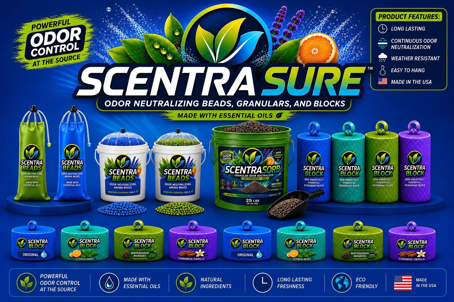 ScentraSure odor neutralizing products with essential oils and long-lasting freshness.