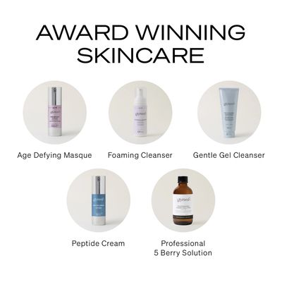 Award Winning Skincare range featuring Age Defying Masque, with product images and labels. 