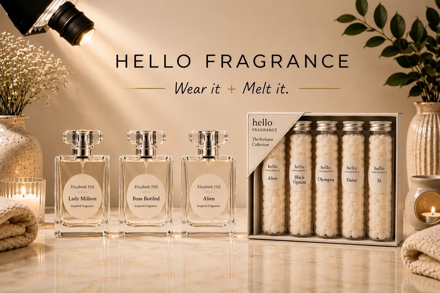 Soy wax melts, perfumes, and aftershaves on a neutral background