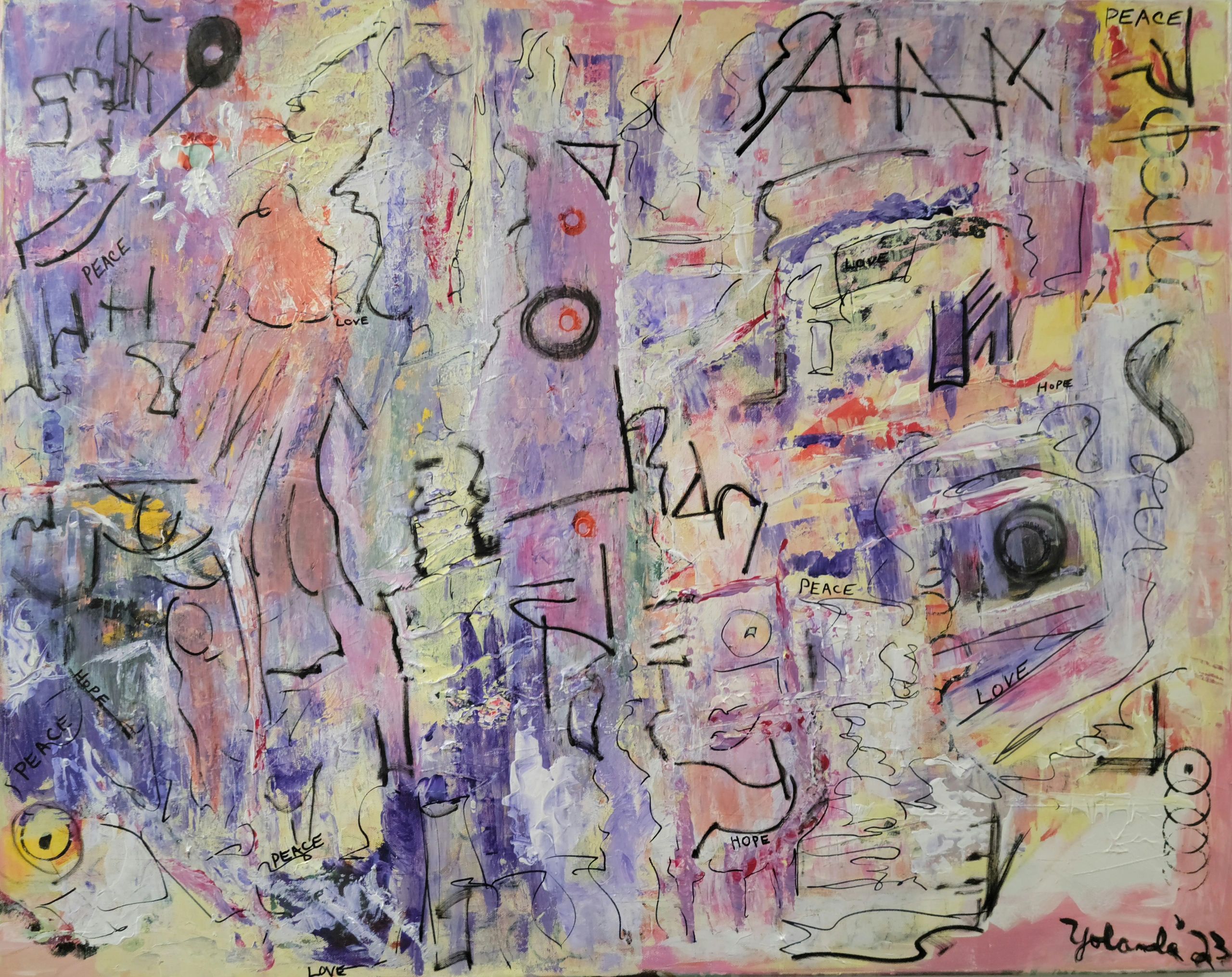 Basquiat impression, abstract expressionism, purple, pink, yellow with hard black lines, Peace, Hope