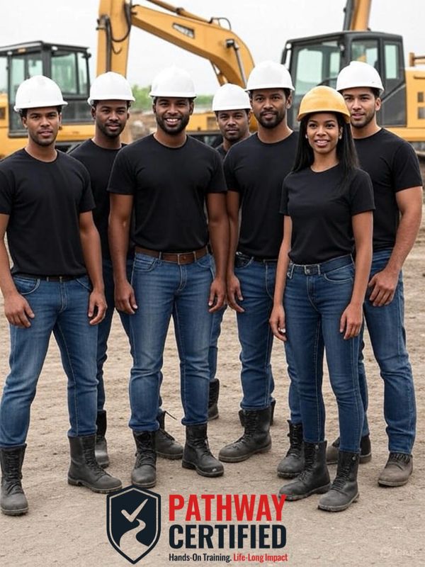 Group of construction workers wearing hard hats and black shirts at a work site.
