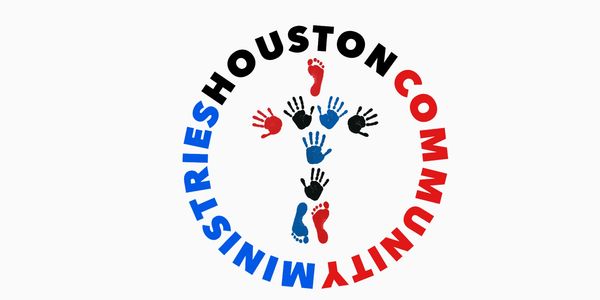 Logo of Houston Community Ministry with colorful hand and footprints forming a cross.